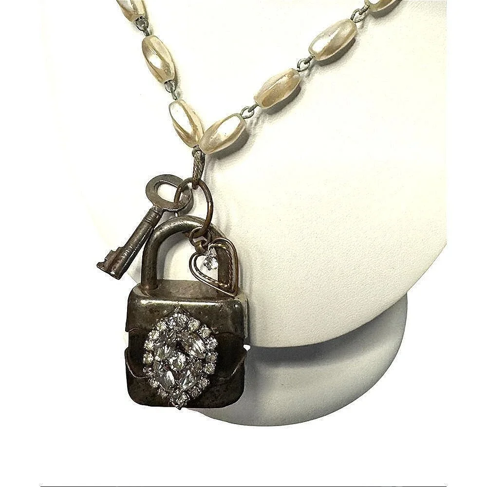 Vintage‎ Handmade Artisan Lock Necklace Rhinestone Key Charm Pendant